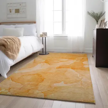 5' X 8' Orange And Ivory Abstract Washable Area Rug With UV Protection