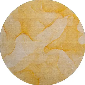 8' Orange And Ivory Abstract Washable Round Rug With UV Protection