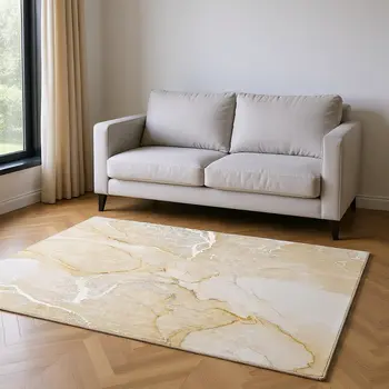 5' X 8' Beige And Ivory Abstract Washable Area Rug With UV Protection