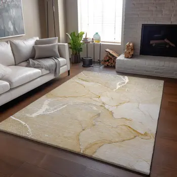 5' X 8' Beige And Ivory Abstract Washable Area Rug With UV Protection