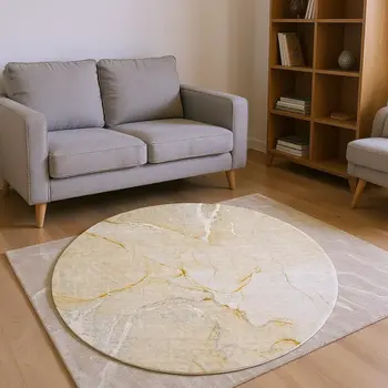 8' Beige And Ivory Abstract Washable Round Rug With UV Protection