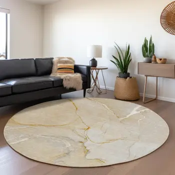 8' Beige And Ivory Abstract Washable Round Rug With UV Protection