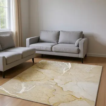 9' X 12' Beige And Ivory Abstract Washable Area Rug With UV Protection