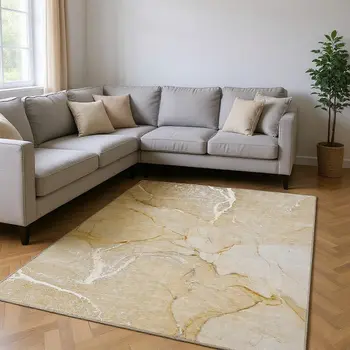 10' X 14' Beige And Ivory Abstract Washable Area Rug With UV Protection