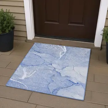 3' X 5' Blue And Ivory Abstract Washable Area Rug With UV Protection