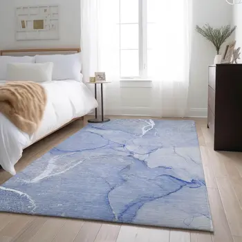 5' X 8' Blue And Ivory Abstract Washable Area Rug With UV Protection