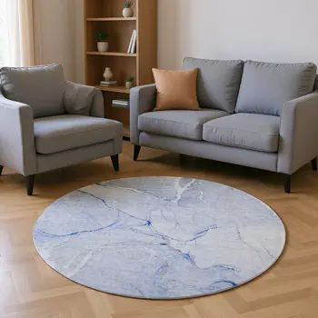 8' Blue And Ivory Abstract Washable Round Rug With UV Protection