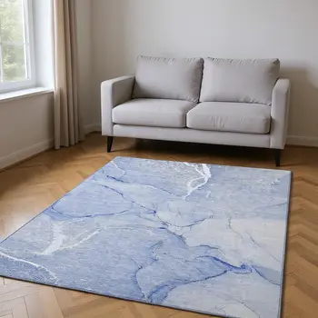 10' X 14' Blue And Ivory Abstract Washable Area Rug With UV Protection