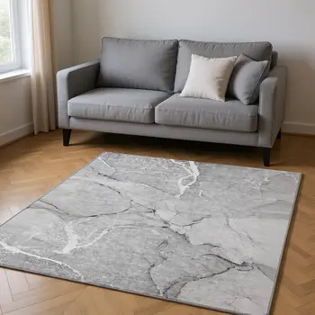 5' X 8' Gray And Ivory Abstract Washable Area Rug With UV Protection