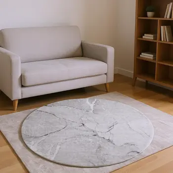 8' Gray And Ivory Abstract Washable Round Rug With UV Protection