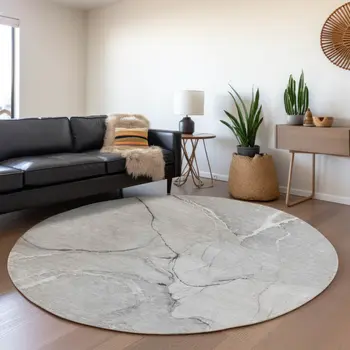 8' Gray And Ivory Abstract Washable Round Rug With UV Protection