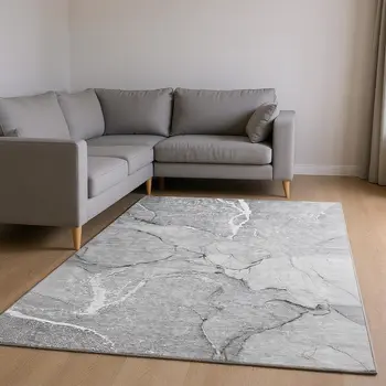 8' X 10' Gray And Ivory Abstract Washable Area Rug With UV Protection