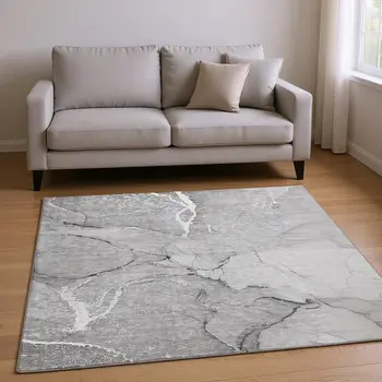 9' X 12' Gray And Ivory Abstract Washable Area Rug With UV Protection