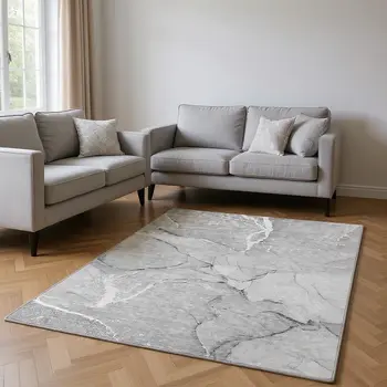 10' X 14' Gray And Ivory Abstract Washable Area Rug With UV Protection