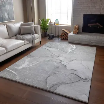 10' X 14' Gray And Ivory Abstract Washable Area Rug With UV Protection