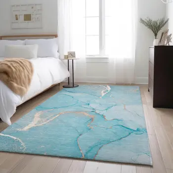 5' X 8' Teal And Ivory Abstract Washable Area Rug With UV Protection