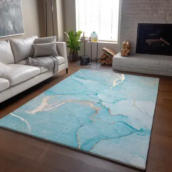 5' X 8' Teal And Ivory Abstract Washable Area Rug With UV Protection