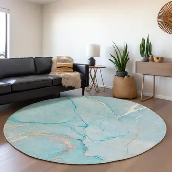 8' Teal And Ivory Abstract Washable Round Rug With UV Protection