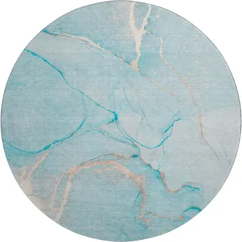 8' Teal And Ivory Abstract Washable Round Rug With UV Protection