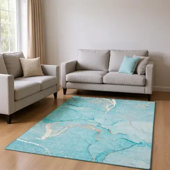 10' X 14' Teal And Ivory Abstract Washable Area Rug With UV Protection