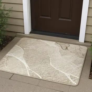 3' X 5' Beige And Ivory Abstract Washable Area Rug With UV Protection