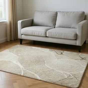 5' X 8' Beige And Ivory Abstract Washable Area Rug With UV Protection