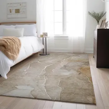 5' X 8' Beige And Ivory Abstract Washable Area Rug With UV Protection