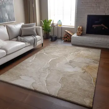 5' X 8' Beige And Ivory Abstract Washable Area Rug With UV Protection
