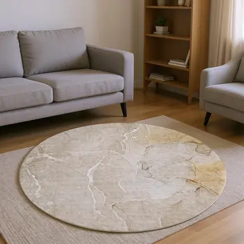 8' Beige And Ivory Abstract Washable Round Rug With UV Protection