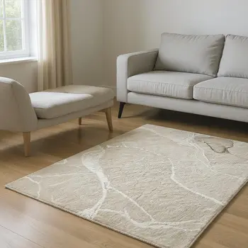 8' X 10' Beige And Ivory Abstract Washable Area Rug With UV Protection