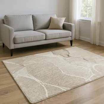 9' X 12' Beige And Ivory Abstract Washable Area Rug With UV Protection