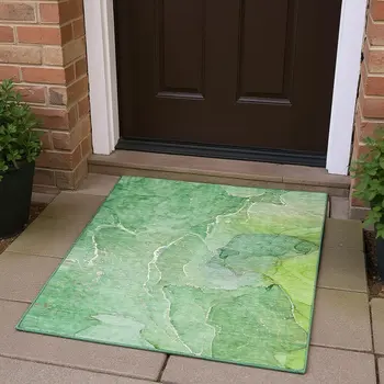 3' X 5' Green And Ivory Abstract Washable Area Rug With UV Protection