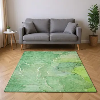 5' X 8' Green And Ivory Abstract Washable Area Rug With UV Protection