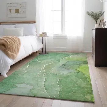 5' X 8' Green And Ivory Abstract Washable Area Rug With UV Protection