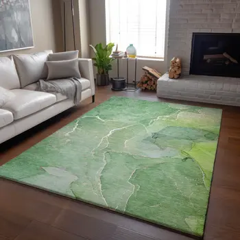 5' X 8' Green And Ivory Abstract Washable Area Rug With UV Protection