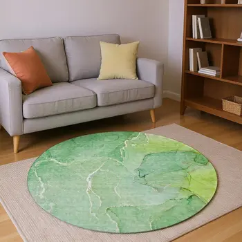 8' Green And Ivory Abstract Washable Round Rug With UV Protection
