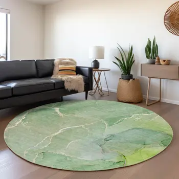 8' Green And Ivory Abstract Washable Round Rug With UV Protection