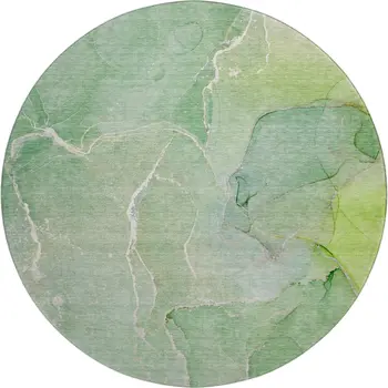 8' Green And Ivory Abstract Washable Round Rug With UV Protection