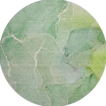 8' Green And Ivory Abstract Washable Round Rug With UV Protection
