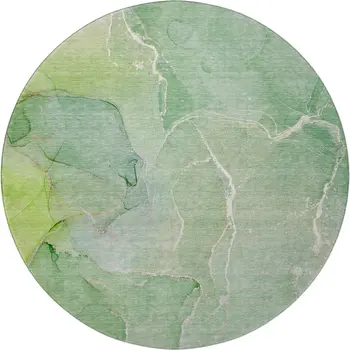 8' Green And Ivory Abstract Washable Round Rug With UV Protection