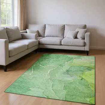 8' X 10' Green And Ivory Abstract Washable Area Rug With UV Protection