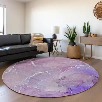 8' Purple And Ivory Abstract Washable Round Rug With UV Protection