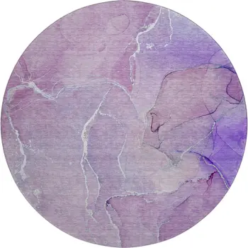8' Purple And Ivory Abstract Washable Round Rug With UV Protection