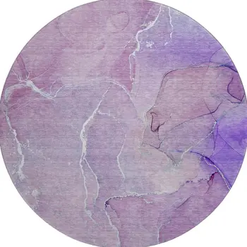8' Purple And Ivory Abstract Washable Round Rug With UV Protection