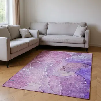 8' X 10' Purple And Ivory Abstract Washable Area Rug With UV Protection
