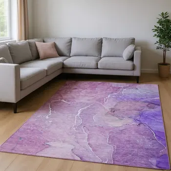 9' X 12' Purple And Ivory Abstract Washable Area Rug With UV Protection