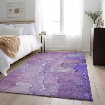 9' X 12' Purple And Ivory Abstract Washable Area Rug With UV Protection