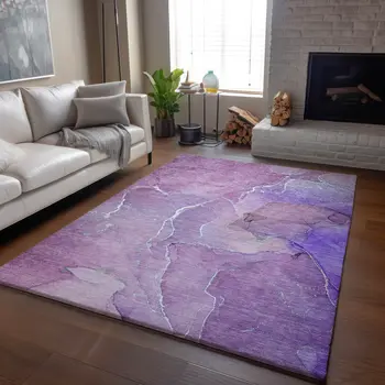 9' X 12' Purple And Ivory Abstract Washable Area Rug With UV Protection