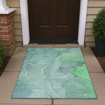 3' X 5' Teal And Ivory Abstract Washable Area Rug With UV Protection