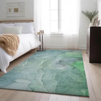 5' X 8' Teal And Ivory Abstract Washable Area Rug With UV Protection